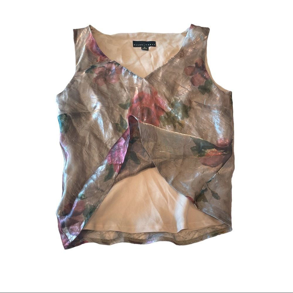 Vintage 90s Y2K Bronze Shimmer Rose Print Sleeveless Top V neck blouse Medium - Picture 8 of 12